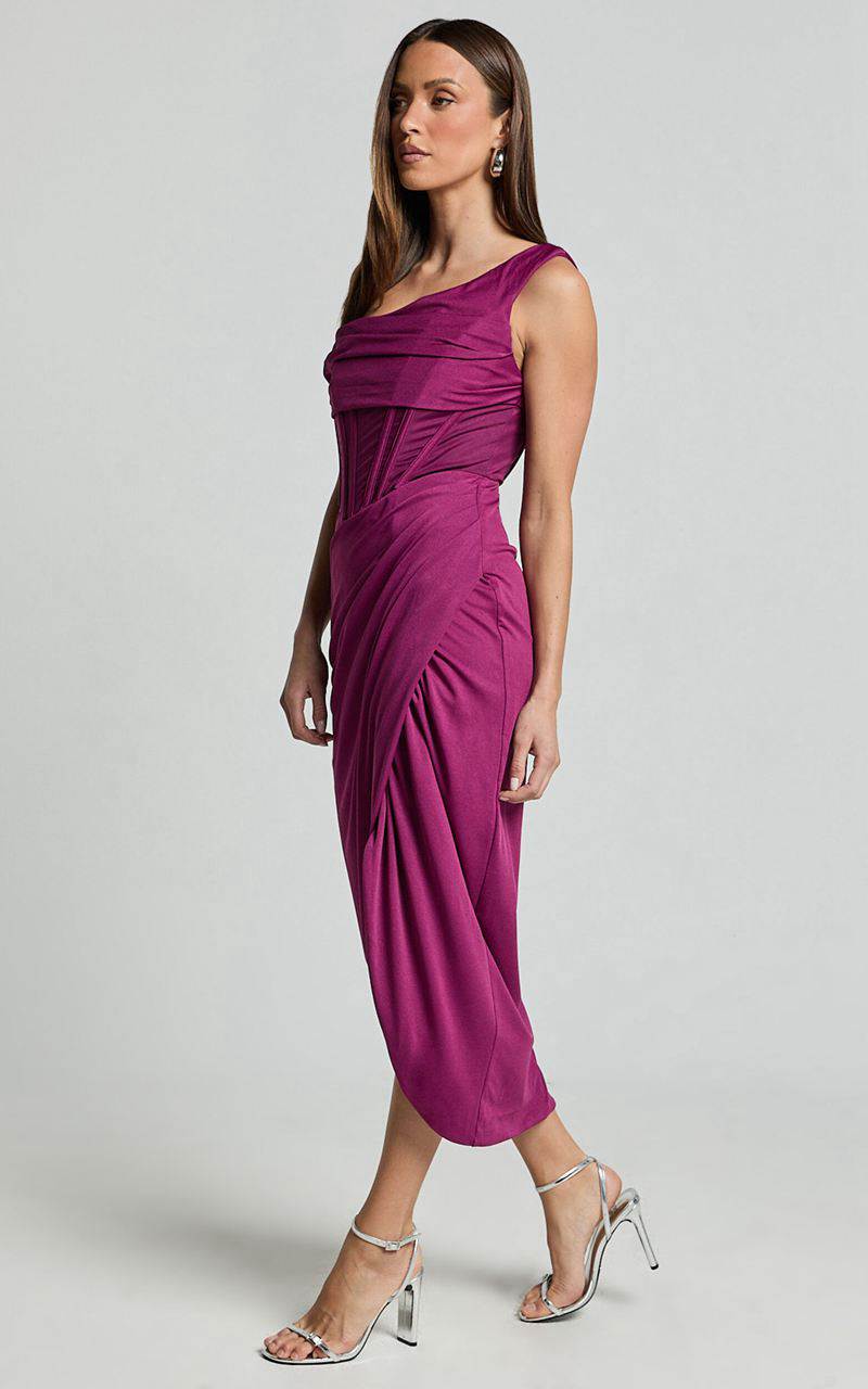 Showpo Aidia Midi Dress - One Shoulder Draped Corset Dress Plum | GPNHBL874