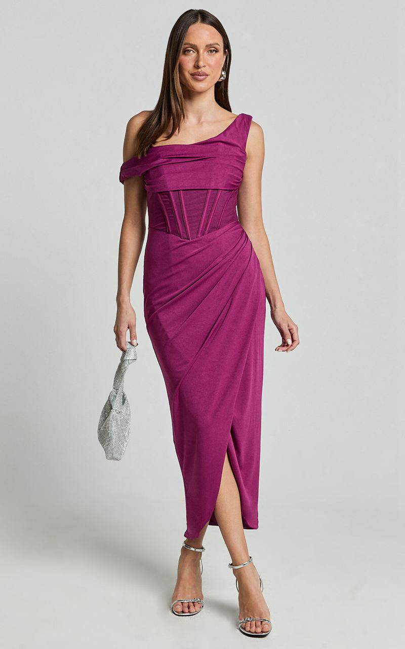 Showpo Aidia Midi Dress - One Shoulder Draped Corset Dress Plum | GPNHBL874