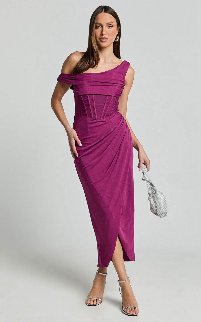 Showpo Aidia Midi Dress - One Shoulder Draped Corset Dress Plum | GPNHBL874