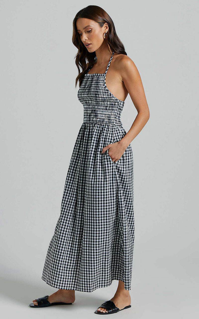 Showpo Aimie Midi Dress - Strappy Halter Neck Shirred Top White Check | FPJLZC076