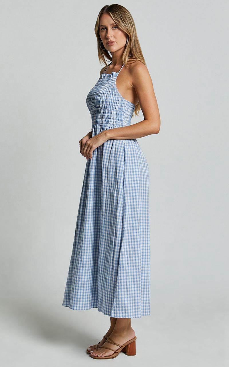 Showpo Aimie Midi Dress - Strappy Halter Neck Shirred Top Blue Gingham Check | DVHGMK739