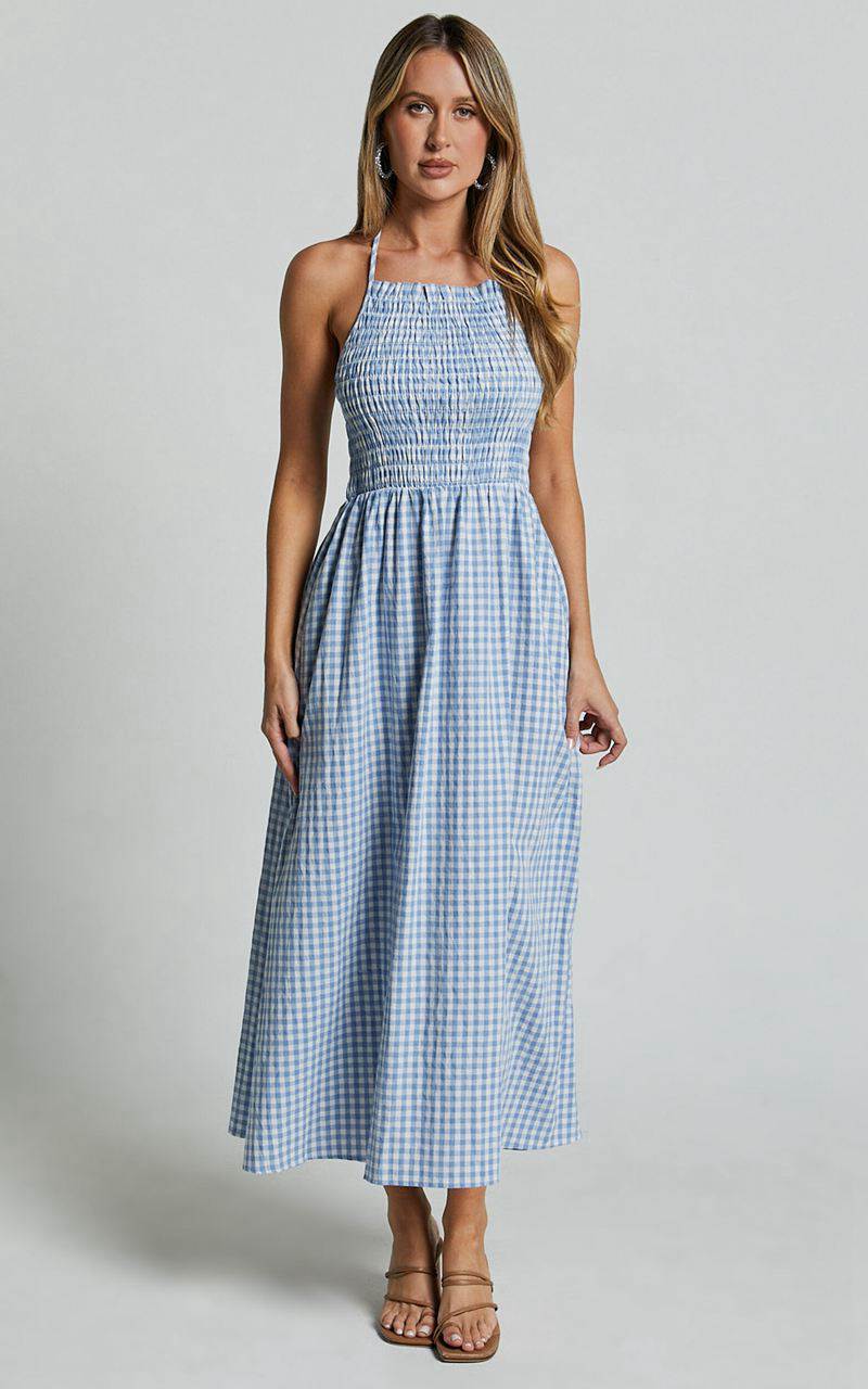 Showpo Aimie Midi Dress - Strappy Halter Neck Shirred Top Blue Gingham Check | DVHGMK739