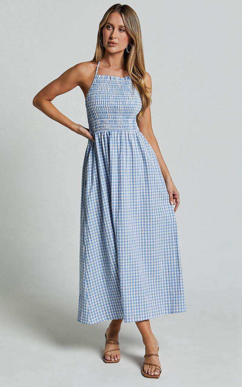 Showpo Aimie Midi Dress - Strappy Halter Neck Shirred Top Blue Gingham Check | DVHGMK739