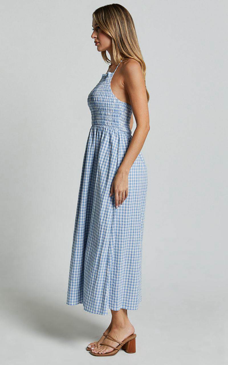 Showpo Aimie Midi Dress - Strappy Halter Neck Shirred Top Blue Gingham Check | DVHGMK739