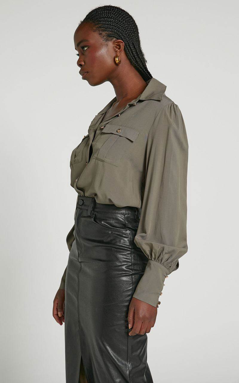 Showpo Aingeal Shirt - Long Sleeve Button Up Shirt Olive | HWGJLT123