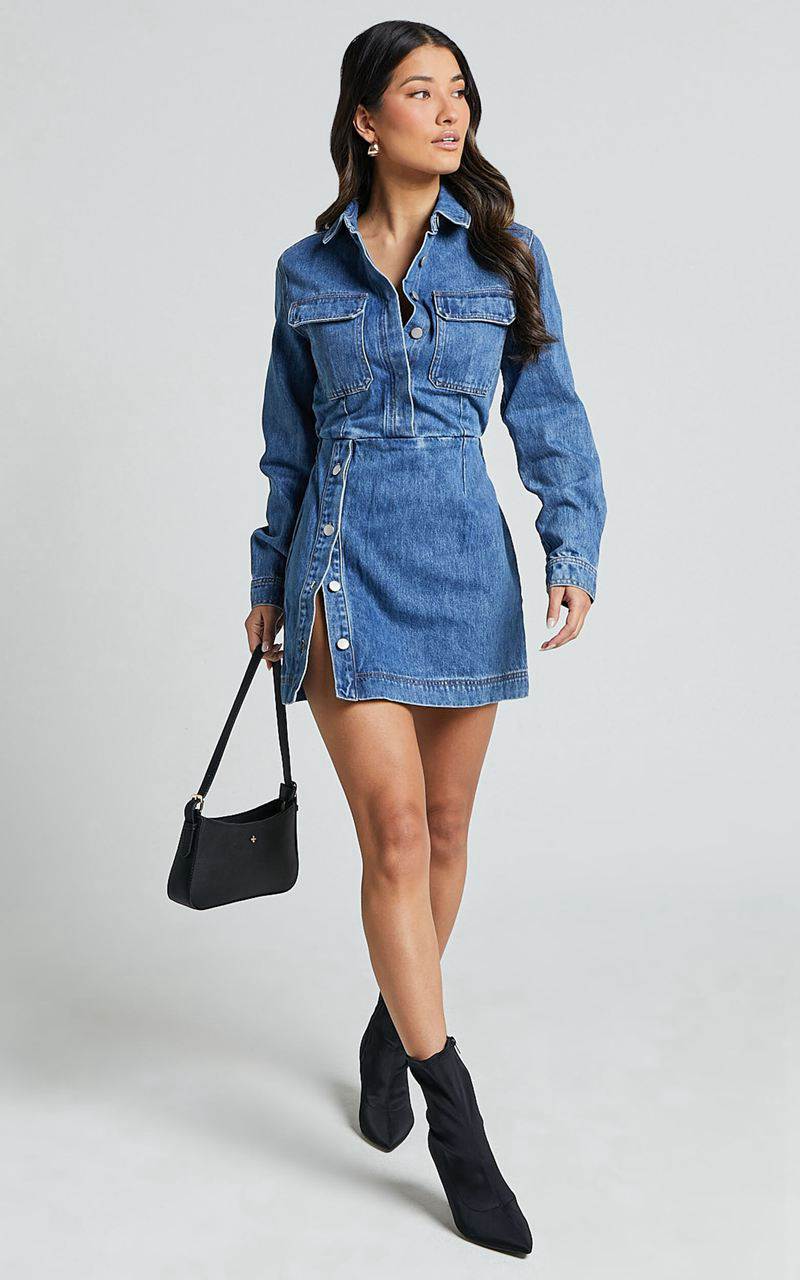 Showpo Ainsley Mini Dress - Button Through Long Sleeve Denim Dress Mid Blue Wash | IFNSQX418