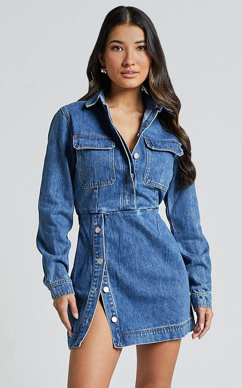 Showpo Ainsley Mini Dress - Button Through Long Sleeve Denim Dress Mid Blue Wash | IFNSQX418