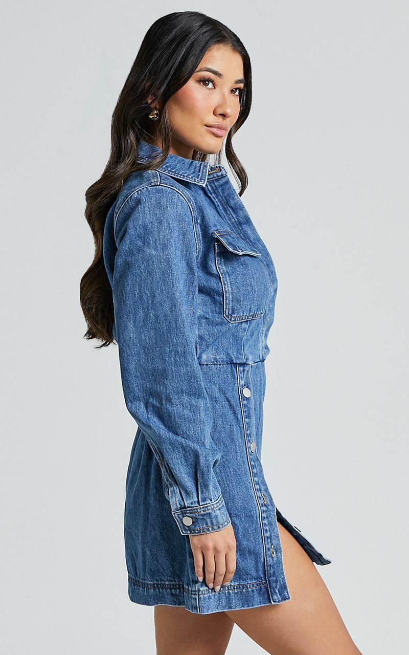 Showpo Ainsley Mini Dress - Button Through Long Sleeve Denim Dress Mid Blue Wash | IFNSQX418