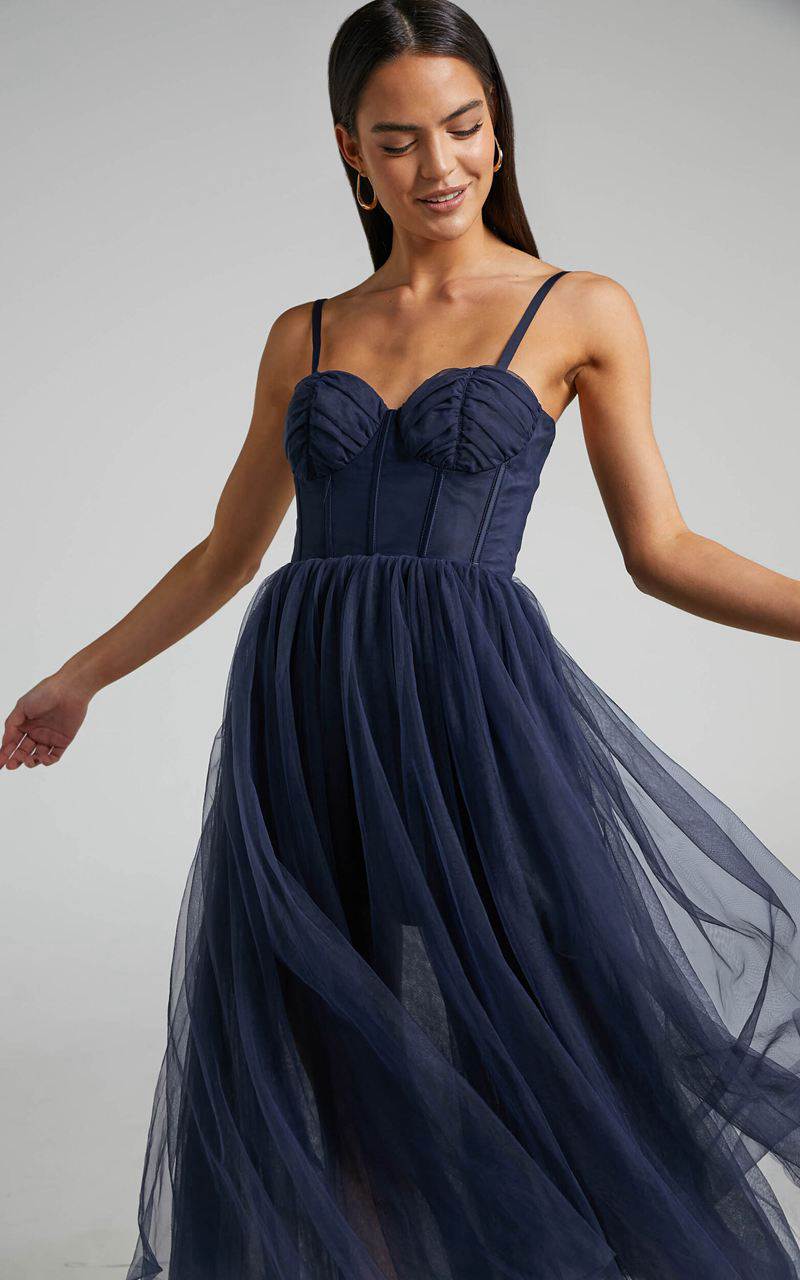 Showpo Aisha Midi Dress - Bustier Bodice Tulle Dress Navy | WYDFUK602