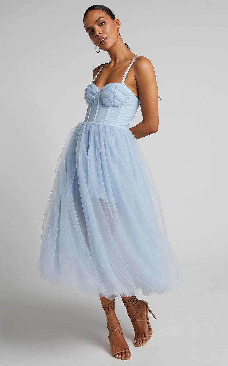 Showpo Aisha Midi Dress - Bustier Bodice Tulle Dress Ice Blue | QHZEUP168