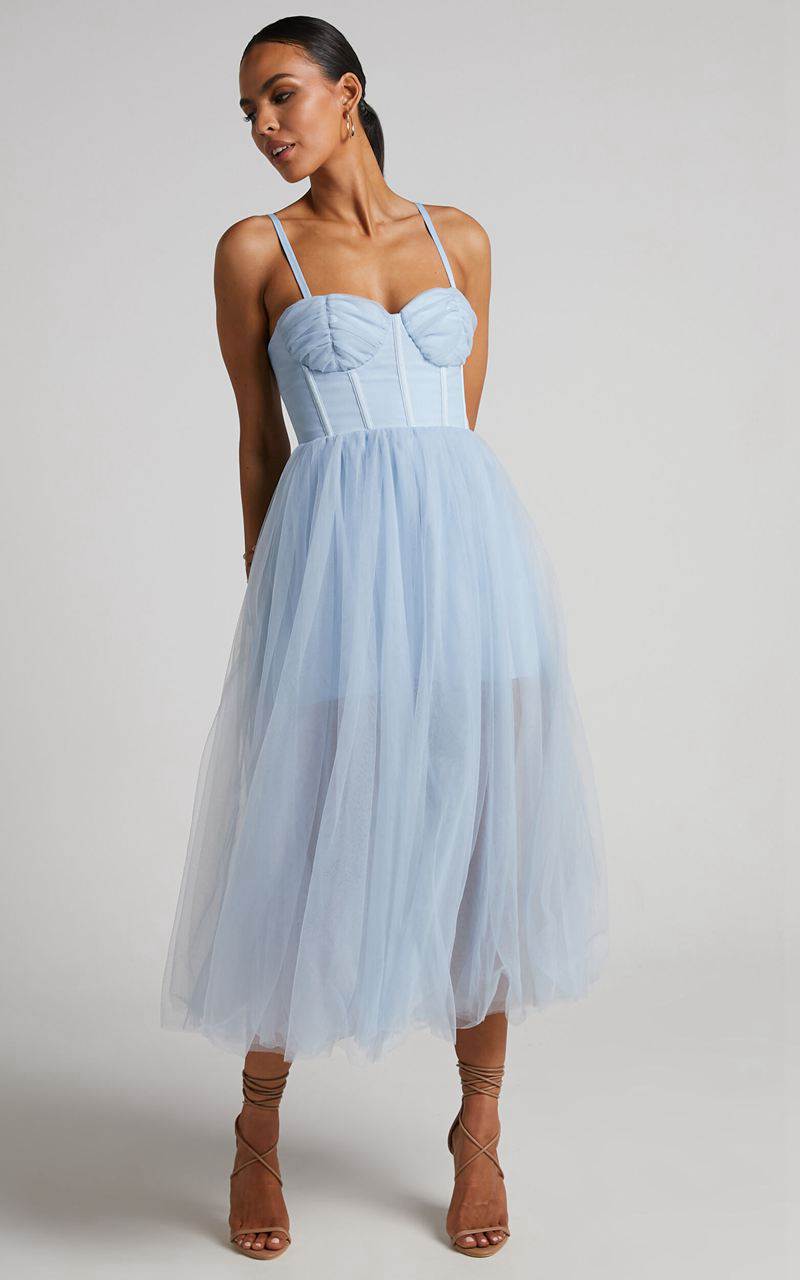 Showpo Aisha Midi Dress - Bustier Bodice Tulle Dress Ice Blue | QHZEUP168