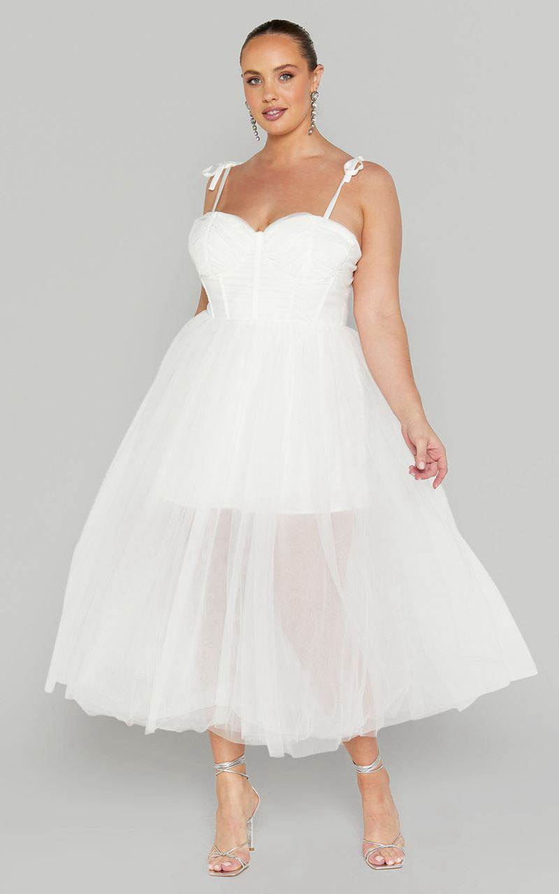 Showpo Aisha Midi Dress - Bustier Bodice Tulle Dress White | CHQNZJ385