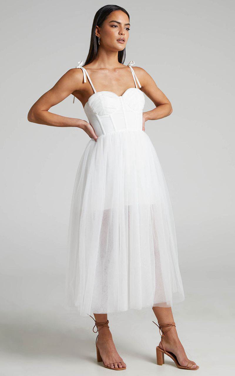 Showpo Aisha Midi Dress - Bustier Bodice Tulle Dress White | CHQNZJ385