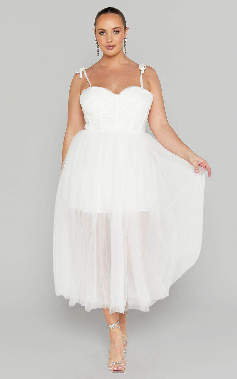 Showpo Aisha Midi Dress - Bustier Bodice Tulle Dress White | CHQNZJ385