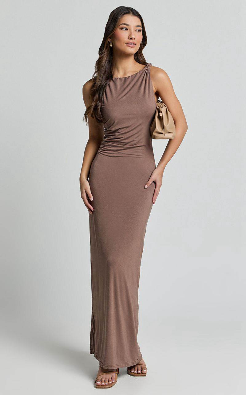 Showpo Aisha Midi Dress - Sleeveless Twist Strap Bodycon Dress Chocolate | ZMJAUP068