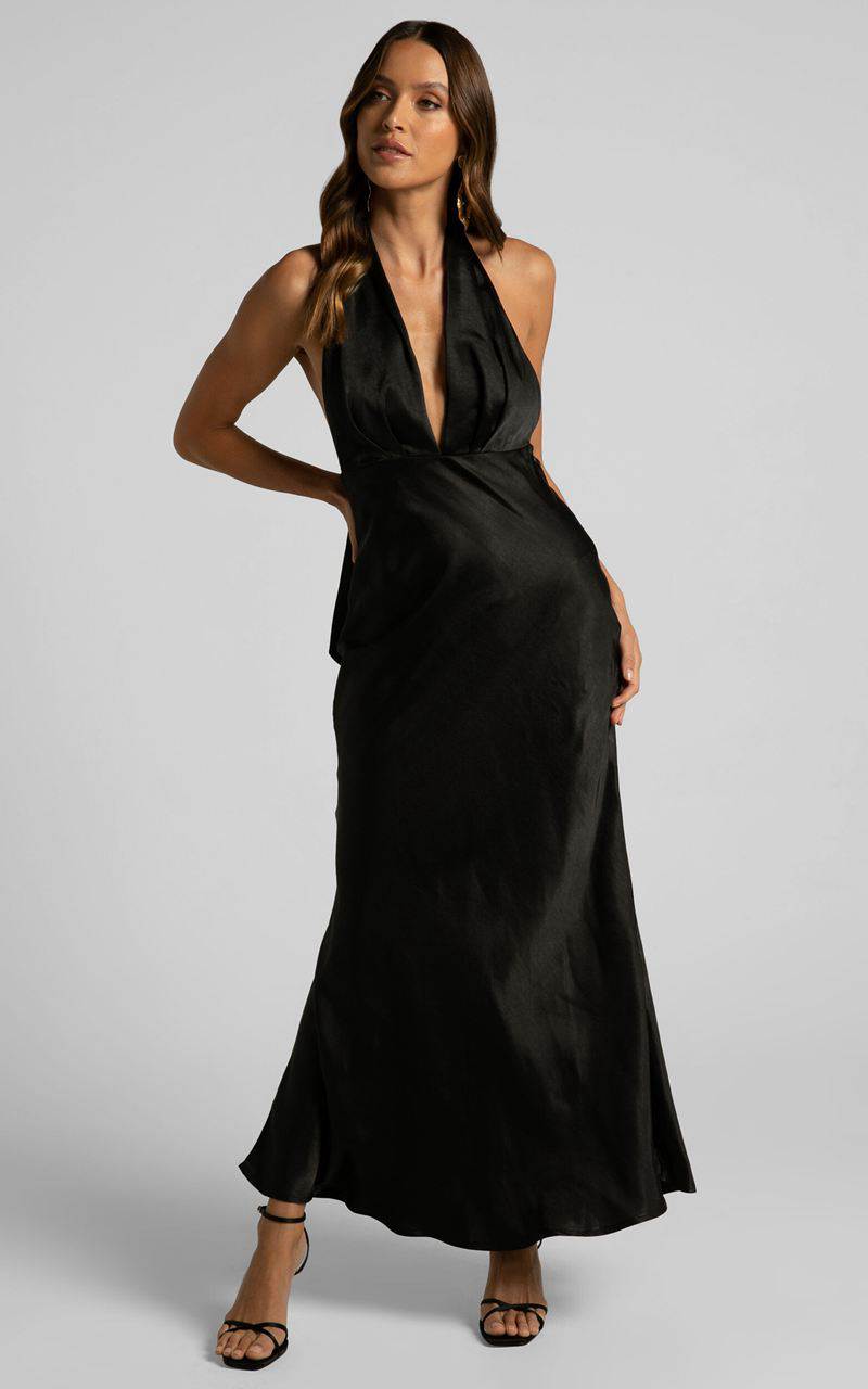 Showpo Aiyana Midi Dress - Halter Neck Satin Dress Black | ZJTQXR029