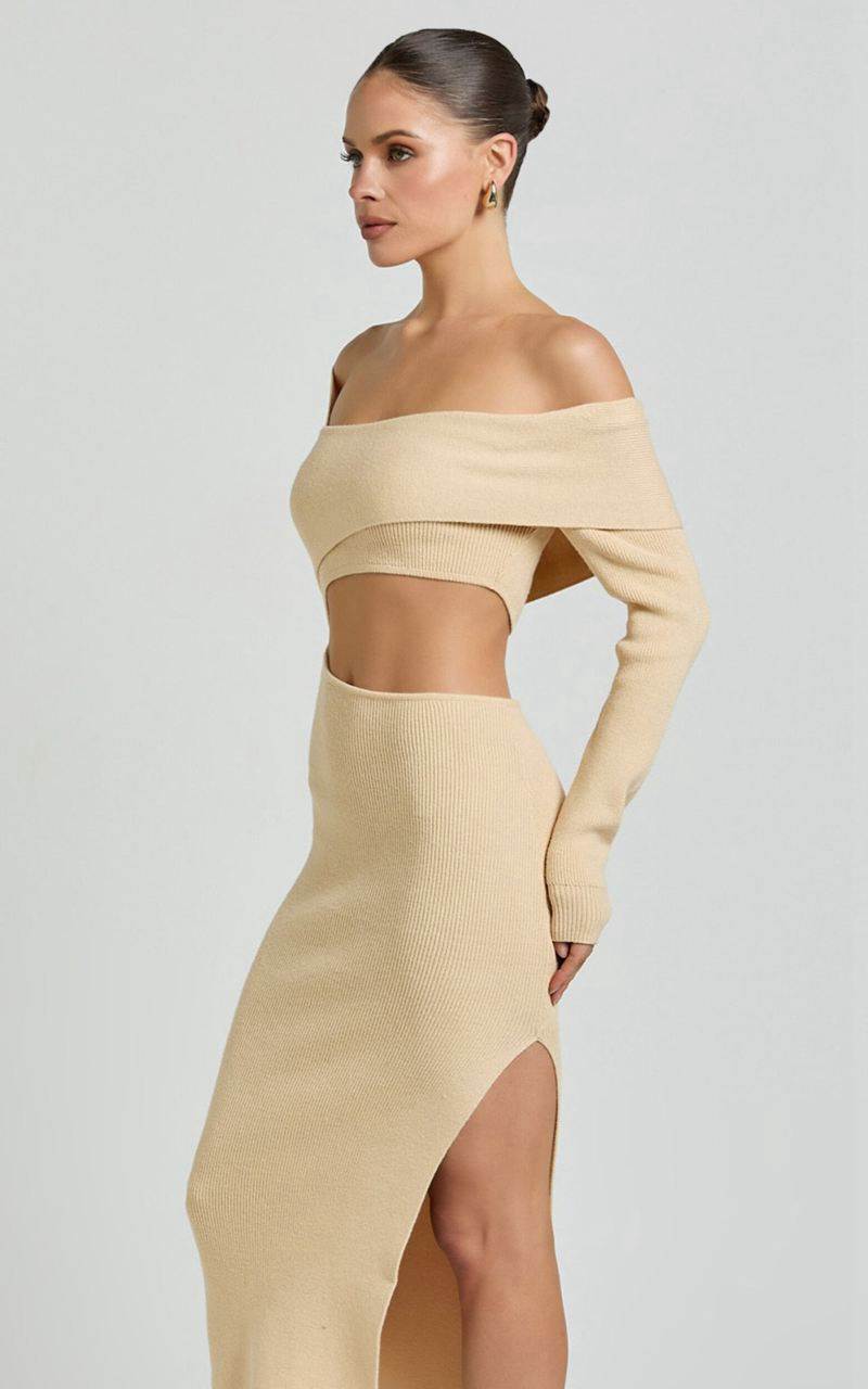 Showpo Alabama Midi Dress - Off One Shoulder Asymmetric Long Sleeve Knit Dress Sand | MBKIYW746