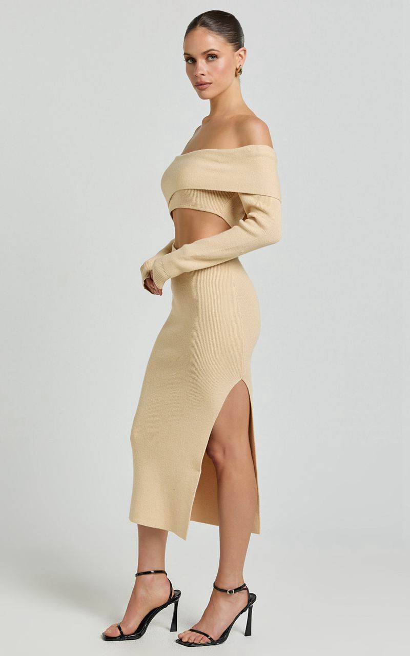 Showpo Alabama Midi Dress - Off One Shoulder Asymmetric Long Sleeve Knit Dress Sand | MBKIYW746