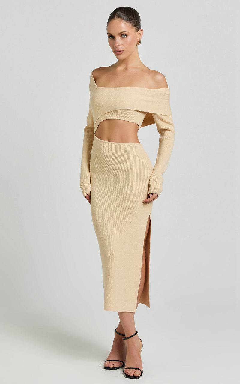 Showpo Alabama Midi Dress - Off One Shoulder Asymmetric Long Sleeve Knit Dress Sand | MBKIYW746