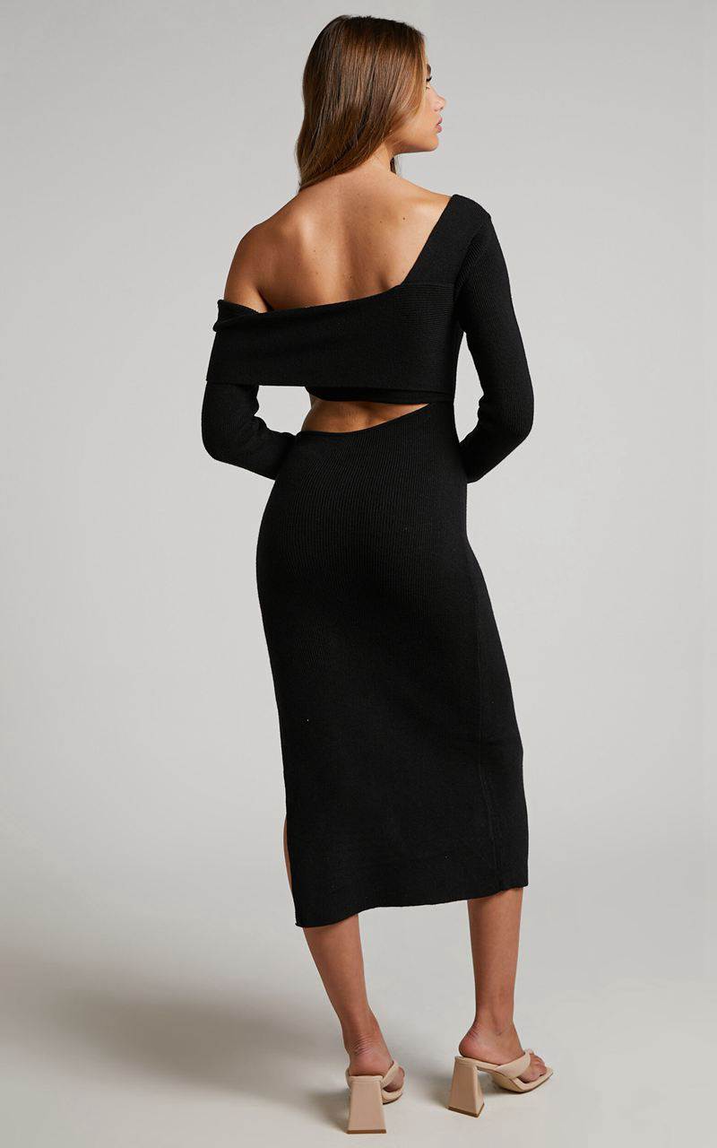 Showpo Alabama Midi Dress - Off One Shoulder Asymmetric Long Sleeve Knit Dress Black | QOLHKF721