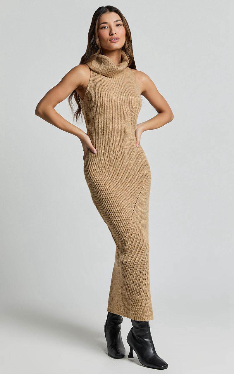 Showpo Alaina Midi Dress - Recycled Polyester Knitted Roll Neck Dress Caramel | UKLOPA603