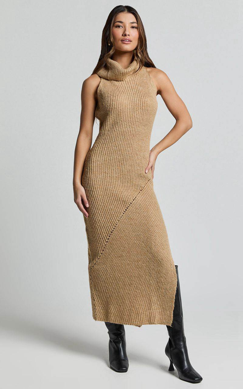 Showpo Alaina Midi Dress - Recycled Polyester Knitted Roll Neck Dress Caramel | UKLOPA603