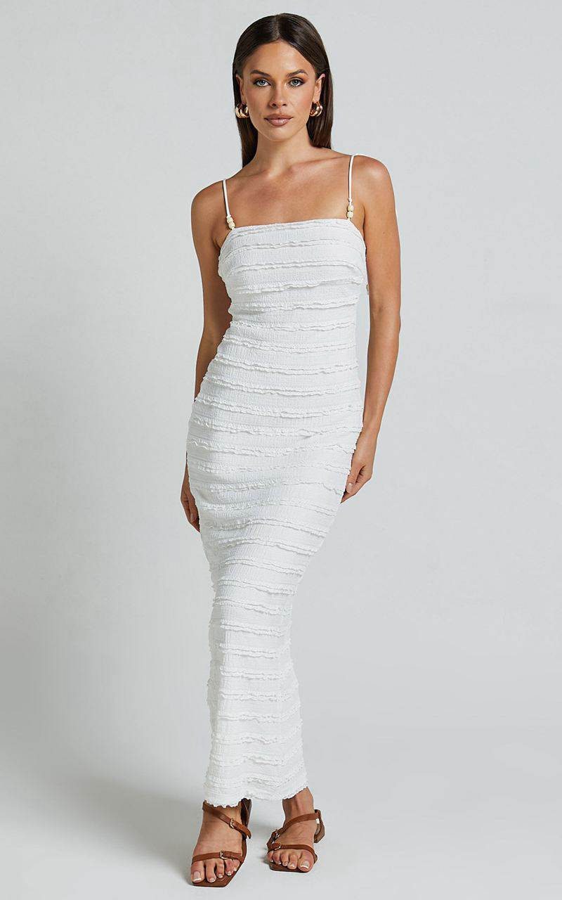 Showpo Alanna Midi Dress - Textured Midi Dress With Tie Straps White | EDNLVZ410