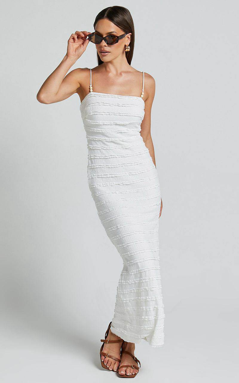 Showpo Alanna Midi Dress - Textured Midi Dress With Tie Straps White | EDNLVZ410