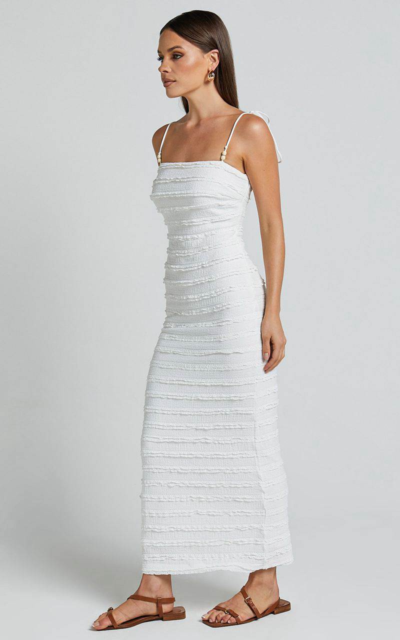 Showpo Alanna Midi Dress - Textured Midi Dress With Tie Straps White | EDNLVZ410