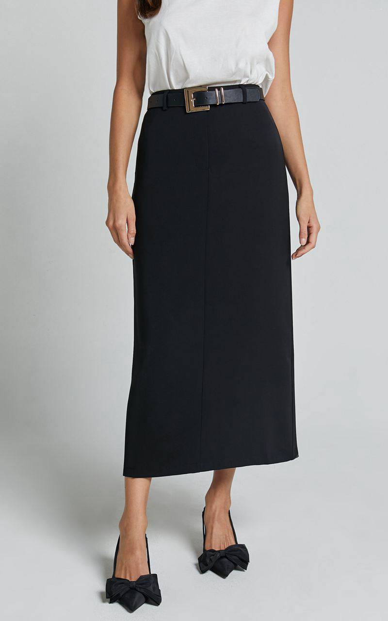 Showpo Alanna Midi Skirt - High Waisted Back Split Pencil Skirt Black | QSYMNU578