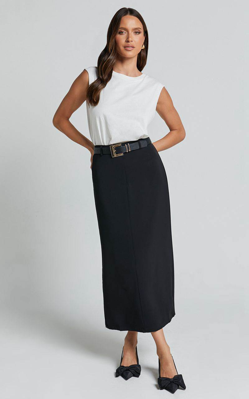 Showpo Alanna Midi Skirt - High Waisted Back Split Pencil Skirt Black | QSYMNU578