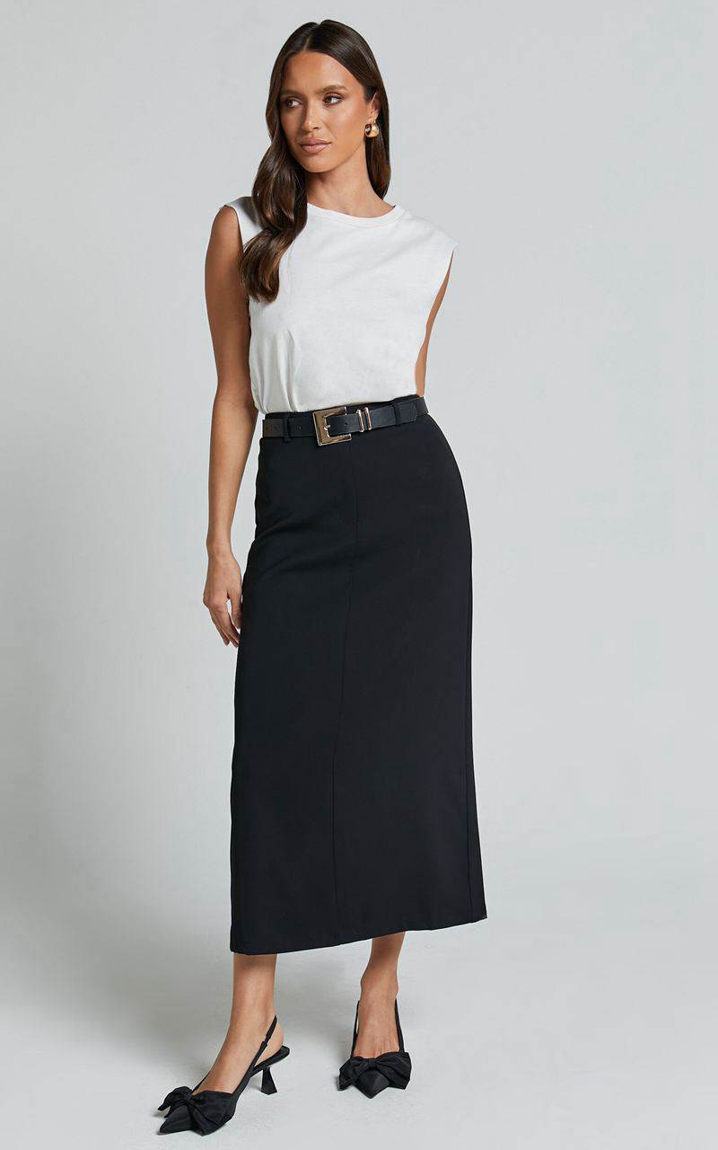 Showpo Alanna Midi Skirt - High Waisted Back Split Pencil Skirt Black | QSYMNU578