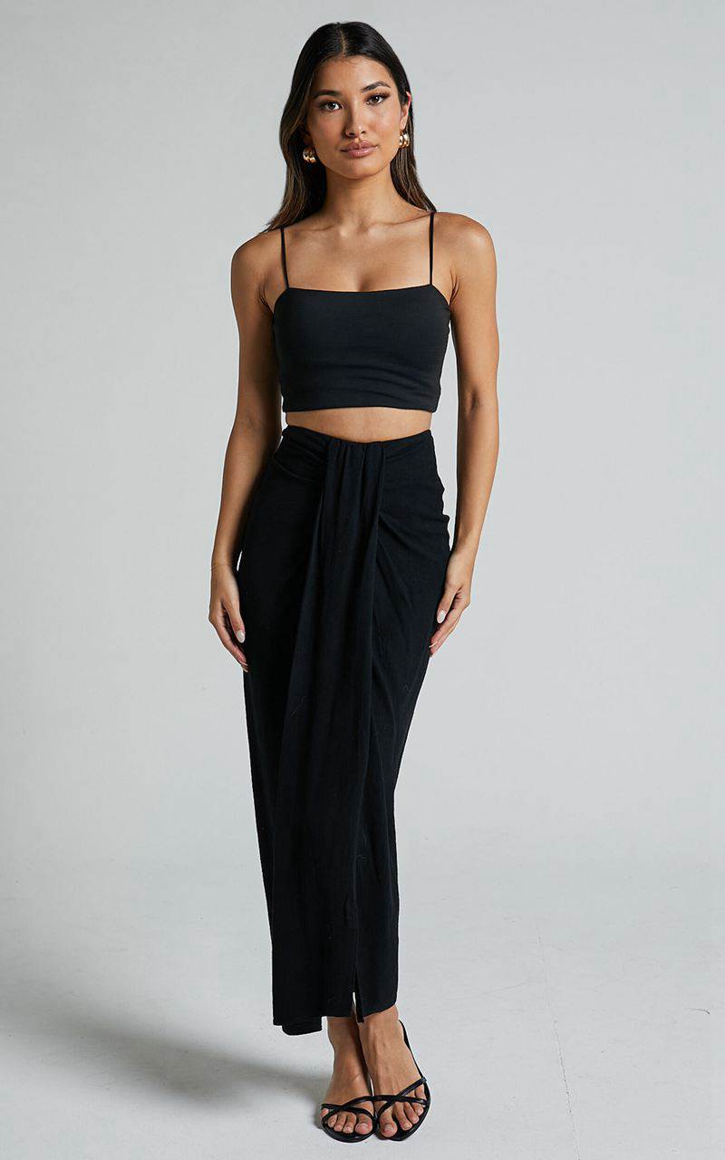 Showpo Alanna Midi Skirt - Linen Look Thigh Split Wrap Skirt Black | LAYGWJ625