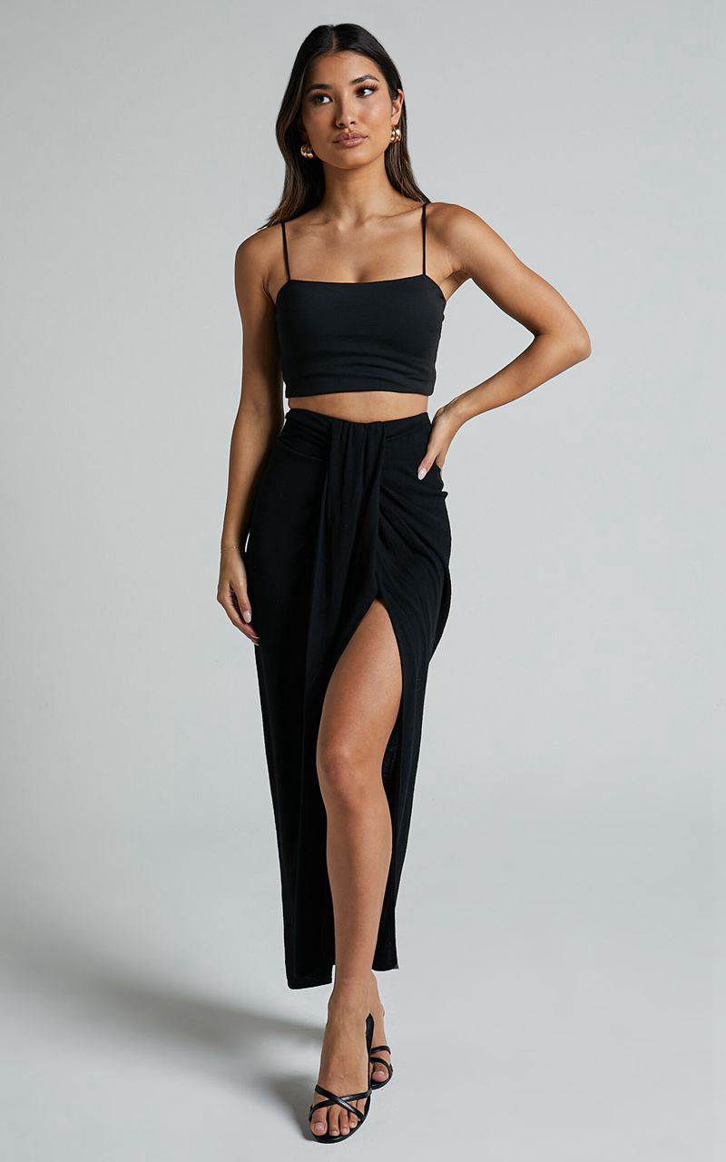 Showpo Alanna Midi Skirt - Linen Look Thigh Split Wrap Skirt Black | LAYGWJ625