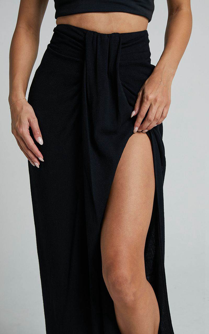 Showpo Alanna Midi Skirt - Linen Look Thigh Split Wrap Skirt Black | LAYGWJ625