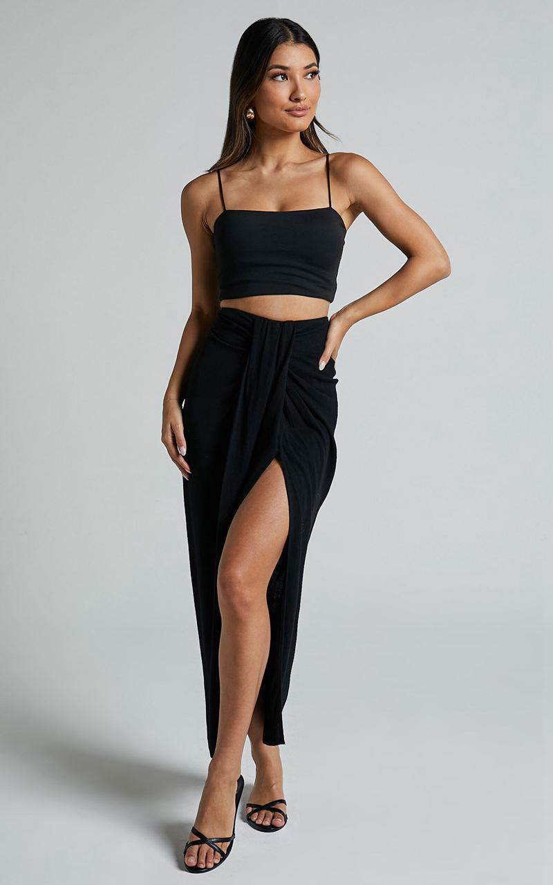 Showpo Alanna Midi Skirt - Linen Look Thigh Split Wrap Skirt Black | LAYGWJ625