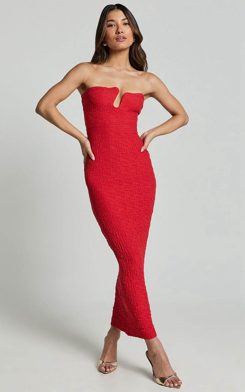 Showpo Alberta Maxi Dress- Strapless Bust Detail Textured Dress Red | OMESNB059