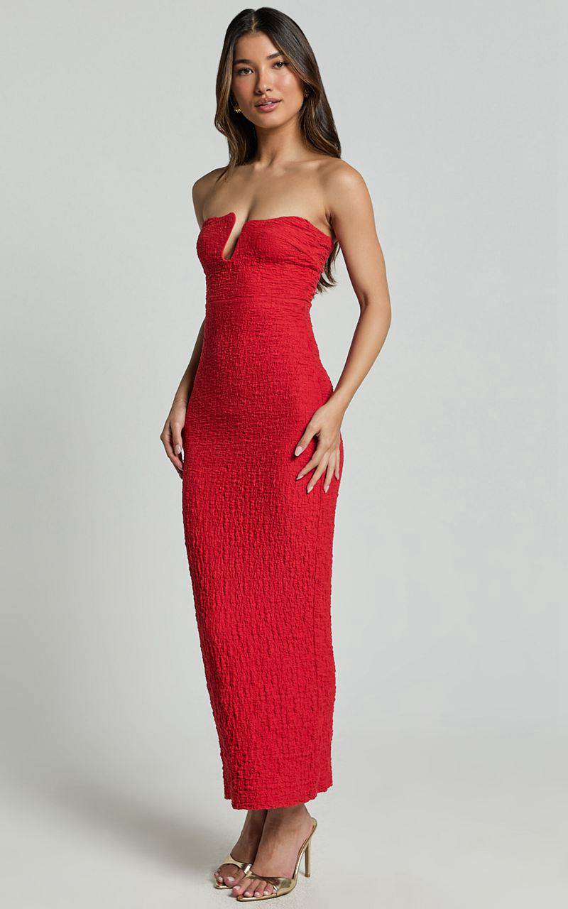 Showpo Alberta Maxi Dress- Strapless Bust Detail Textured Dress Red | OMESNB059