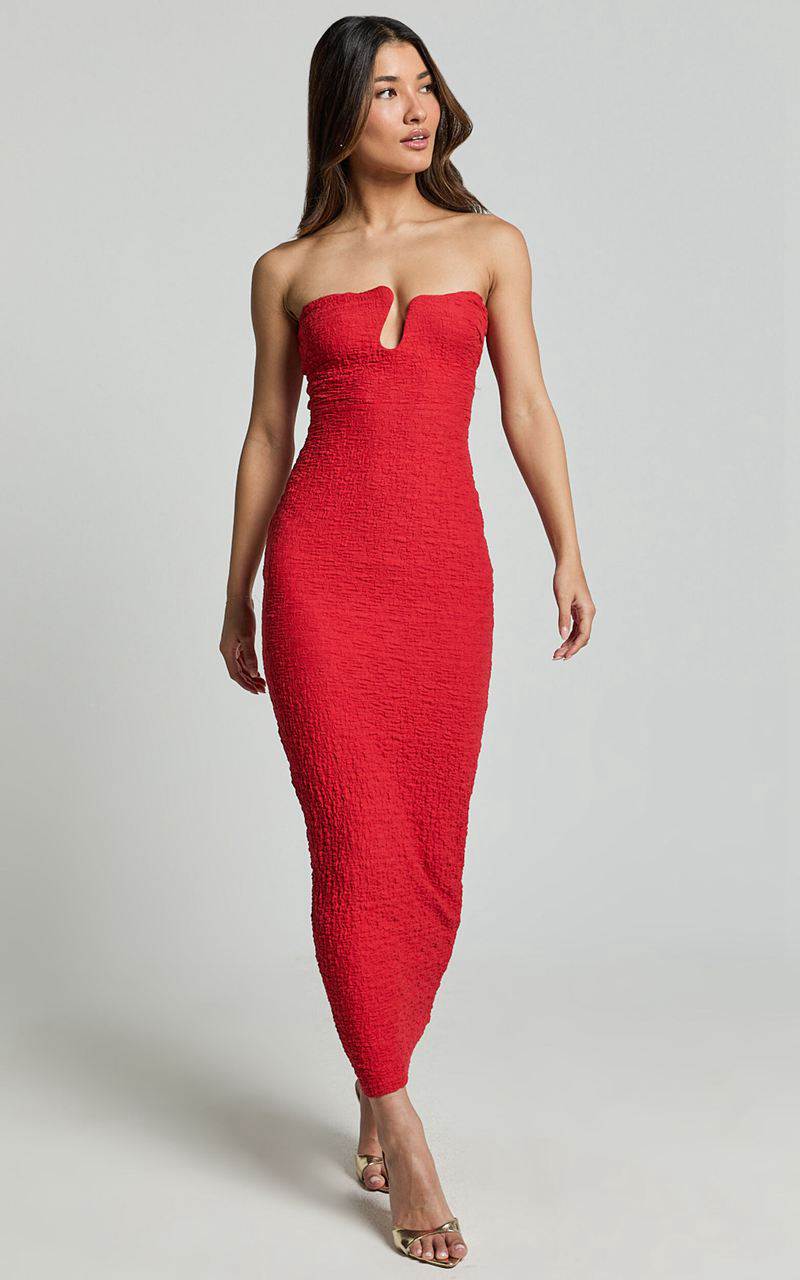 Showpo Alberta Maxi Dress- Strapless Bust Detail Textured Dress Red | OMESNB059