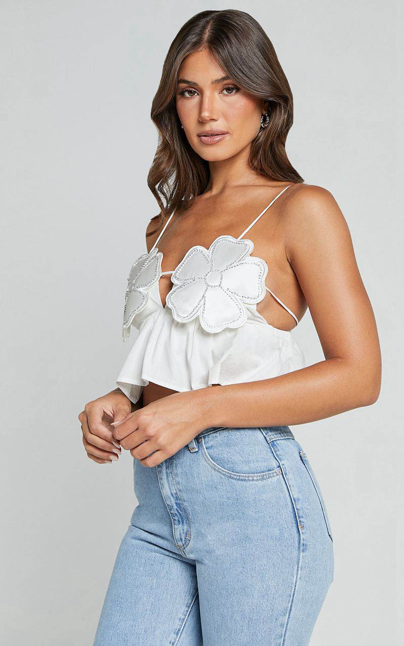 Showpo Alberta Top - Rhinestone Flower Detail Babydoll Crop White | LYAVZX241