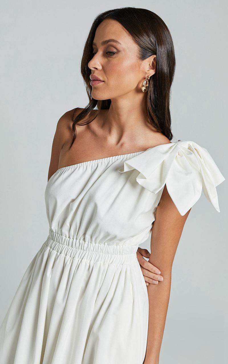 Showpo Alby Midi Dress - One Shoulder Bow Dress With Elasticated Waist White | NCVQPZ716