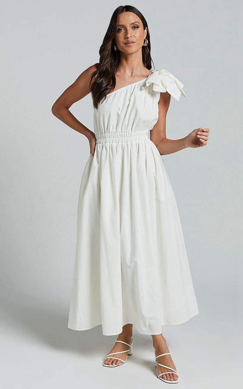 Showpo Alby Midi Dress - One Shoulder Bow Dress With Elasticated Waist White | NCVQPZ716