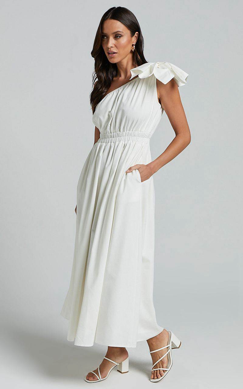 Showpo Alby Midi Dress - One Shoulder Bow Dress With Elasticated Waist White | NCVQPZ716