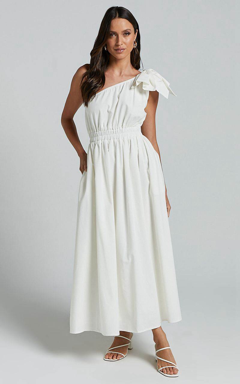 Showpo Alby Midi Dress - One Shoulder Bow Dress With Elasticated Waist White | NCVQPZ716