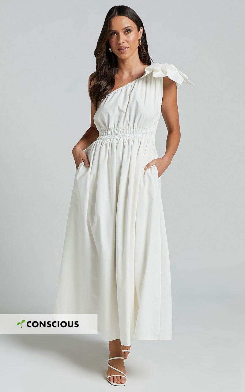 Showpo Alby Midi Dress - One Shoulder Bow Dress With Elasticated Waist White | NCVQPZ716