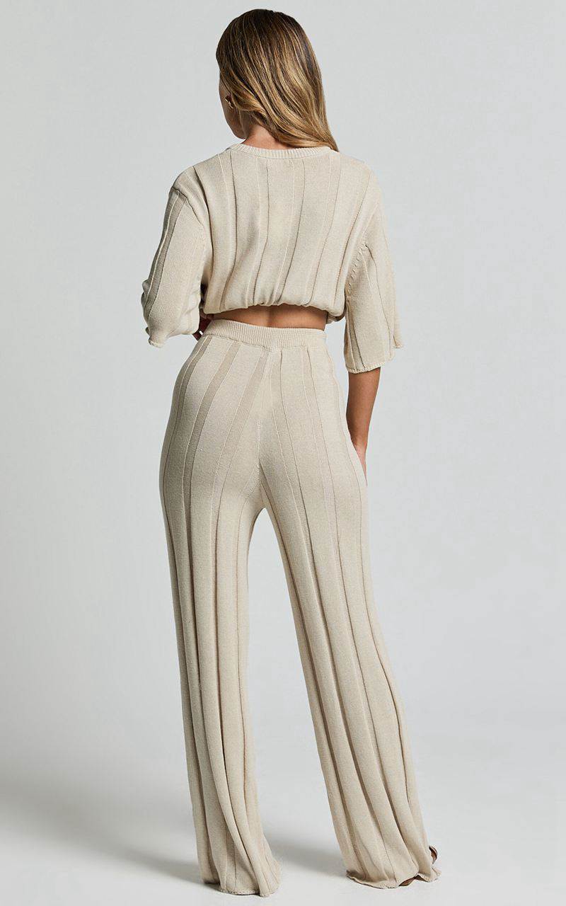 Showpo Alda Pants - Relaxed Flare Leg Knit Pants Cream | NSAZHL374