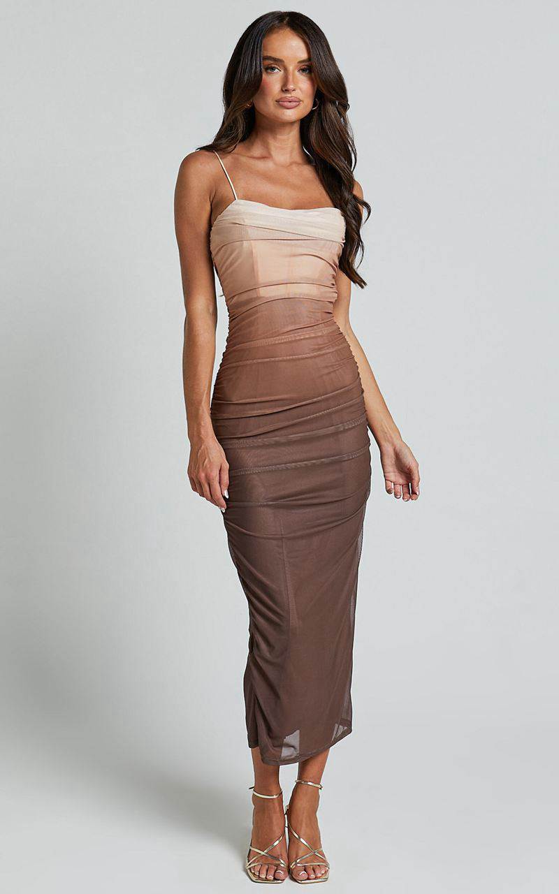 Showpo Aldine Midi Dress - Ombre Mesh Bodycon Dress Chocolate | BTZUAI650