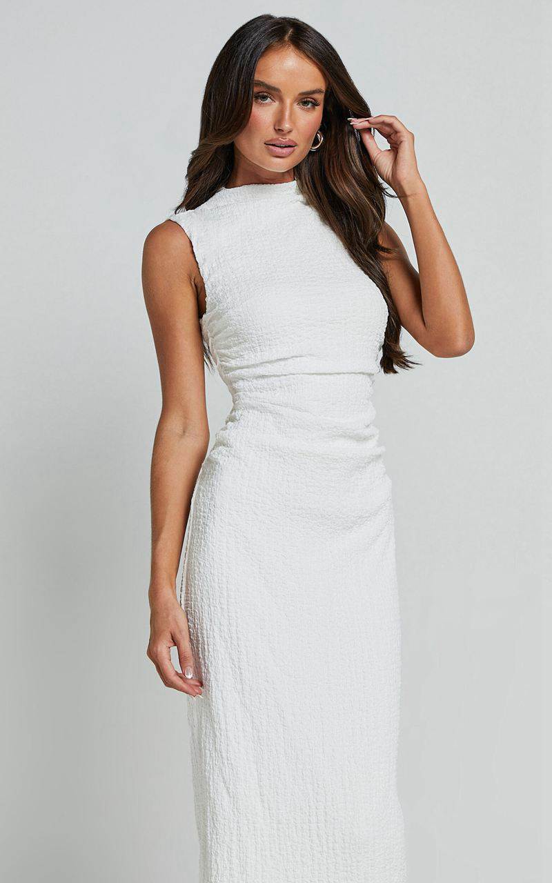 Showpo Aleks Midi Dress - High Neck Bodycon Dress Off White | YGFOET238