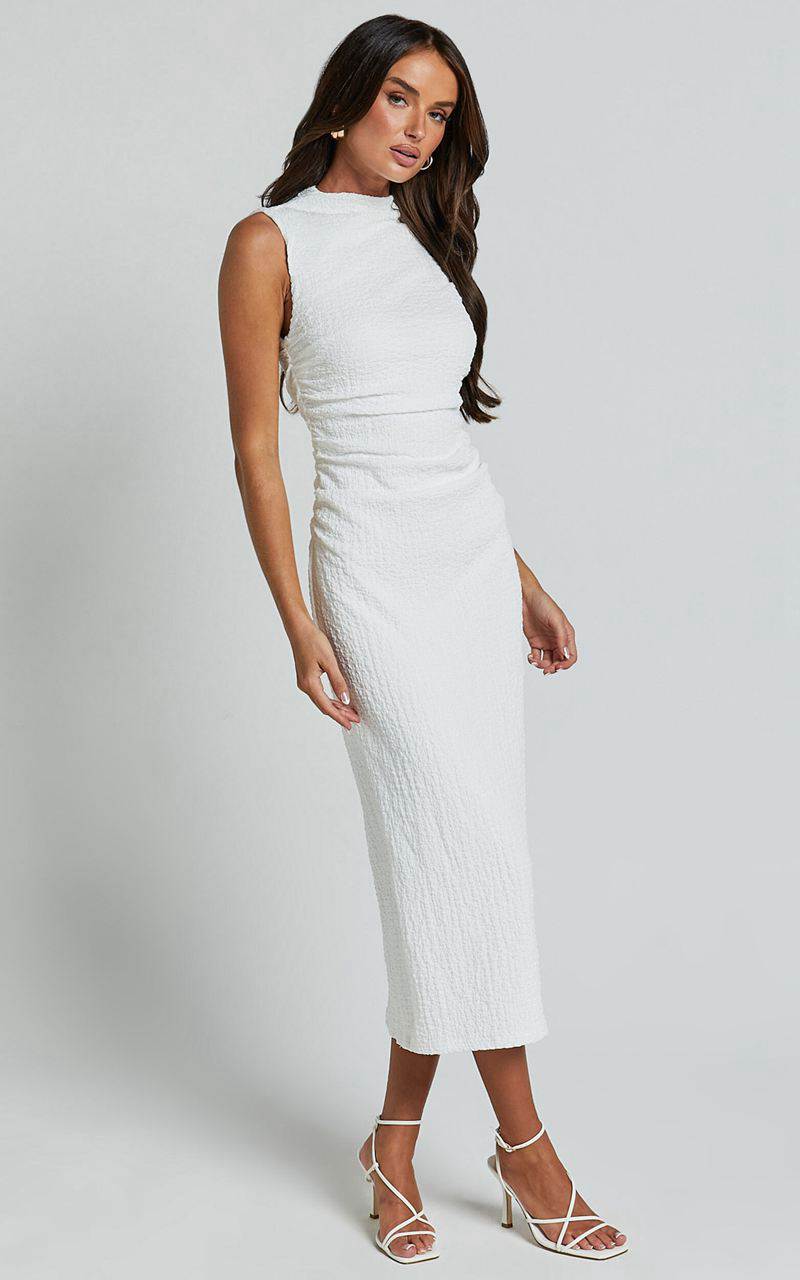 Showpo Aleks Midi Dress - High Neck Bodycon Dress Off White | YGFOET238