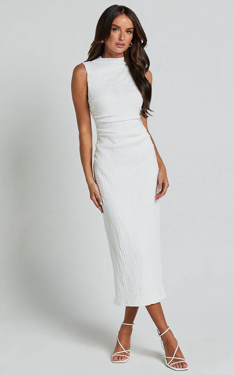 Showpo Aleks Midi Dress - High Neck Bodycon Dress Off White | YGFOET238